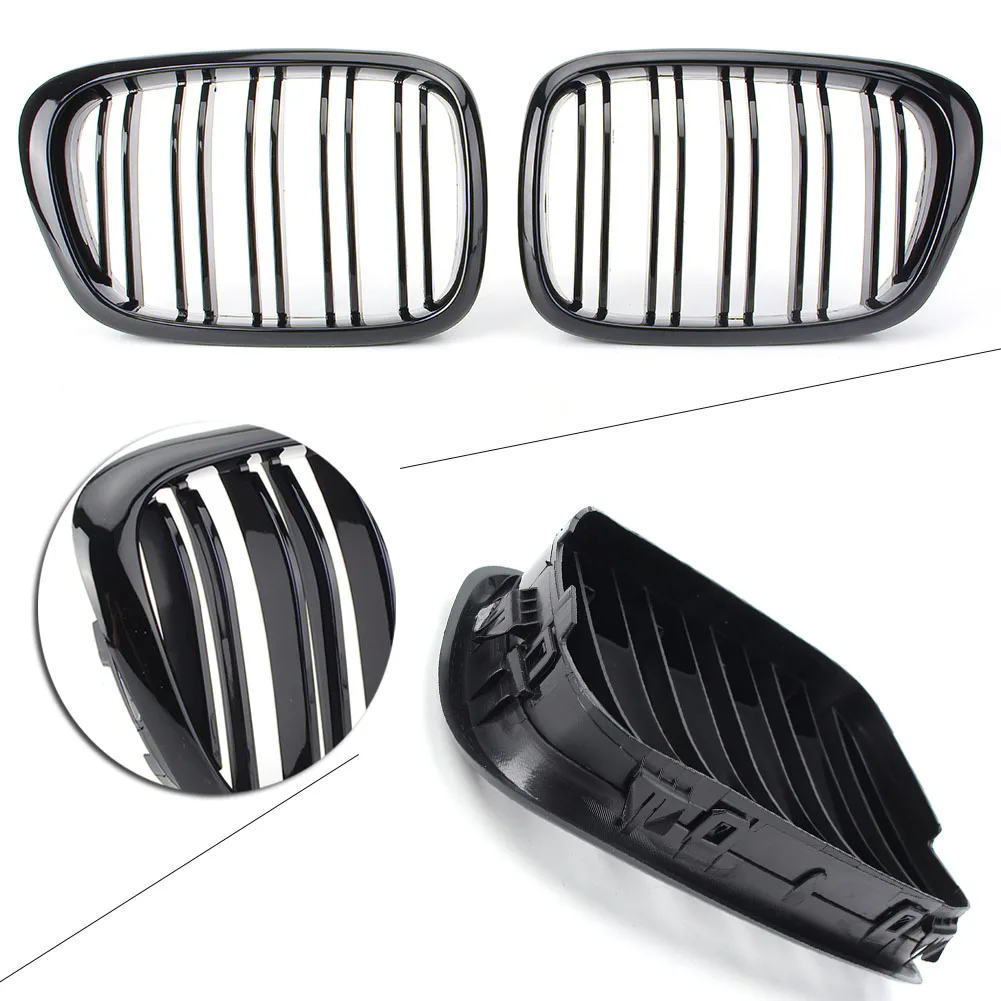 Glossy Black Car Front Grille Double Line Grill 1Pair For BMW 5 Series E39 1995 1996 1997 1998 1999 200 2001 2002 2003 2004