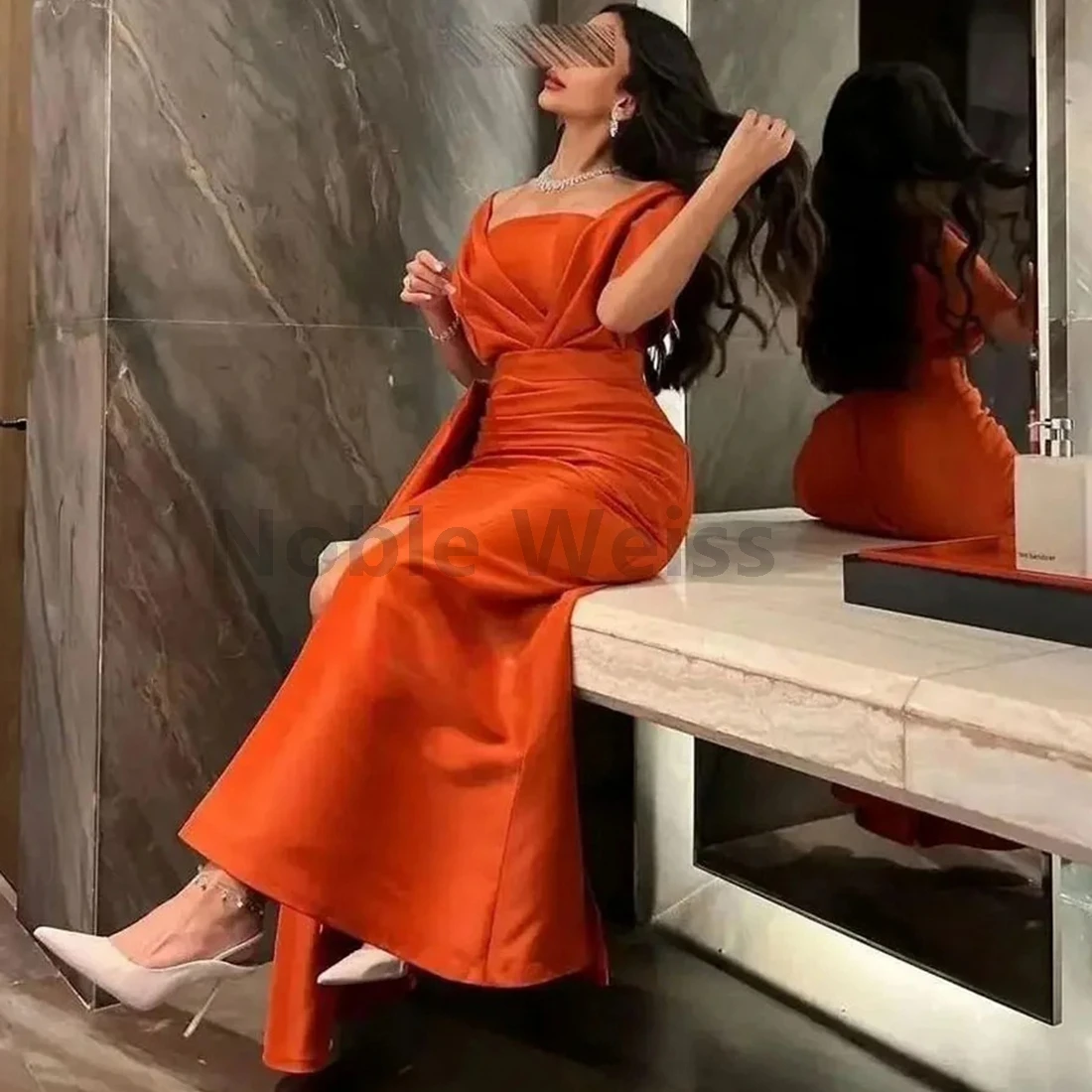 Elegant Square Collar Pleated Satin Evening Dresses for Women Mermaid Formal Party Gown Customize