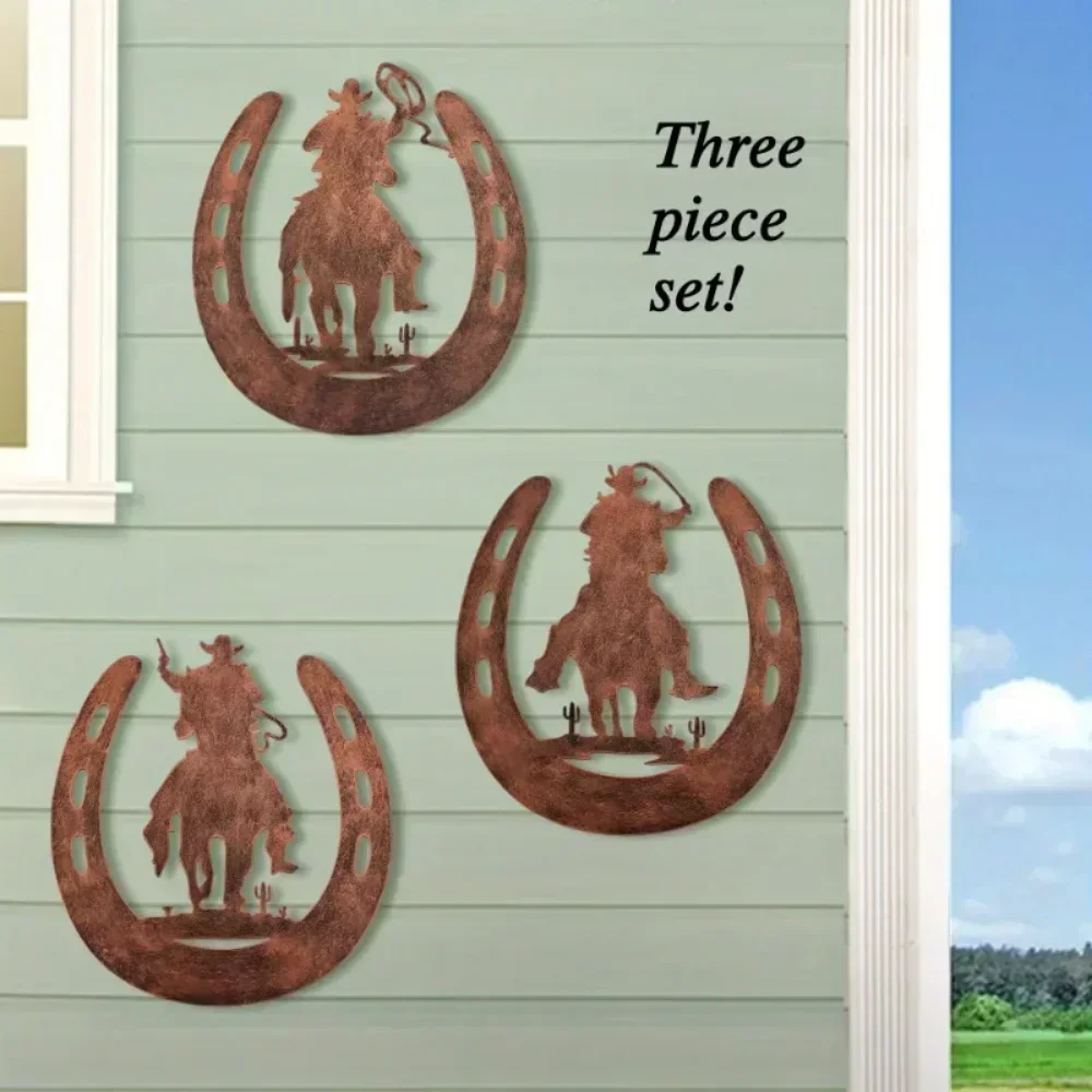 Enchanting Tiki-Inspired 3pcs/set Horseshoe Metal Wall Decoration with Cowboy – Add Magic to Your Bedroom