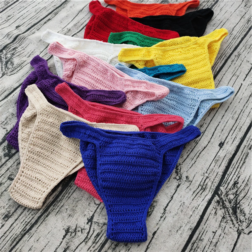 Men Breathable Hollow Out Comfortable Lingerie Low Rise Underwear Hand Crochet Brief Gstring Sunbathing Color Swimwear Panties