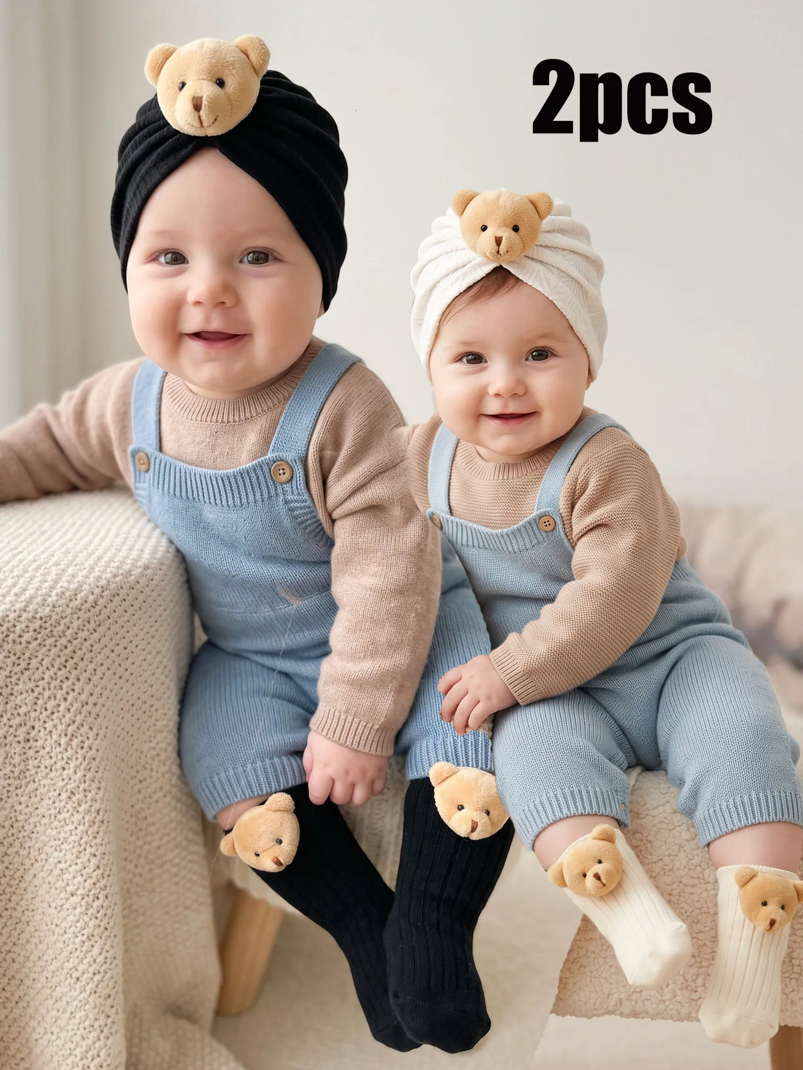 2pcs 3-24M Baby Kids Cute Puppy Cartoon Hat & Socks Set, Simple Solid Color Infant Knit Accessory Kit