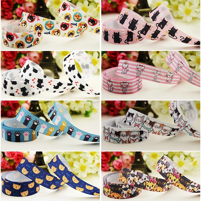 

16mm 22mm 25mm 38mm 50mm 75mm Cat cartoon printed Grosgrain Ribbon DIY Hair Bows Party Decoration Material 10 Yards satin Rubans