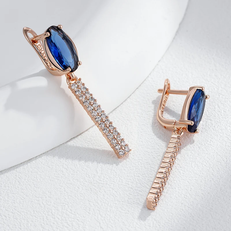 Kinel Luxury Oval Blue Natural Zircon Long Earring For Women Fashion 585 Rose Gold Wedding High Quality Party Fine Jewelry