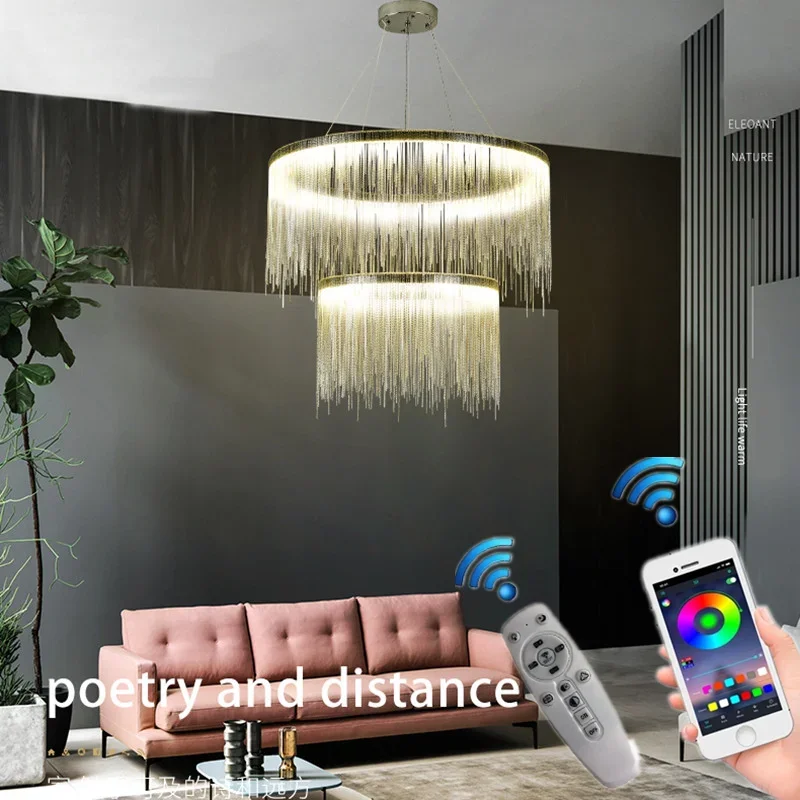 Modern Ceiling Chandelier Gold Chains Remote Tassel Aluminum Chain Led Pendant Light Kitchen Living Room Decoration Hanging Lamp