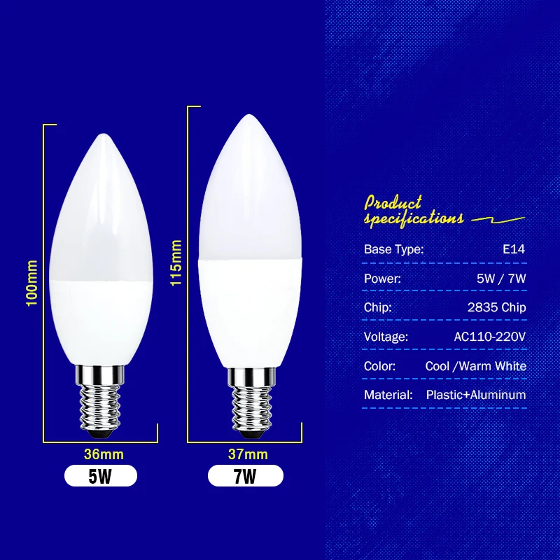 1-10 قطعة مصباح ليد لمبة E14 LED مصباح داخلي دافئ الباردة الأبيض ضوء 5 واط 7 واط 110 فولت-220 فولت LED شمعة لمبة ديكور المنزل الثريا #2