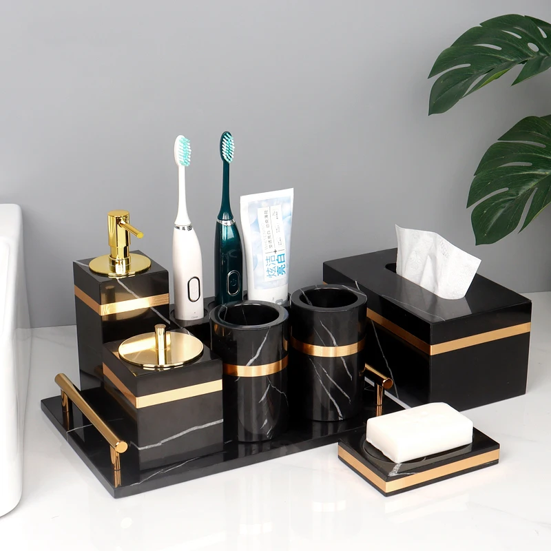 Nero Marquina Natural Marble Bathroom Set Golden Luxury Soap Dish Toothbrush Holder Soap Dispenser Bathroom Accessories