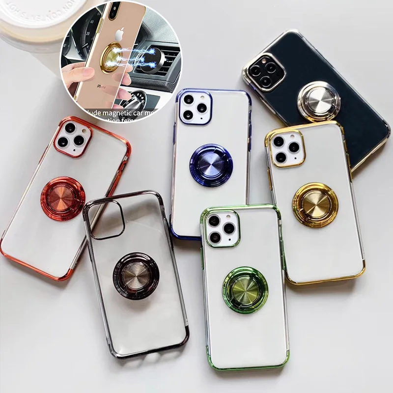 For iPhone 15 14 13 12 11 Pro Max X Xs Max  Phone Case Stylish Electroplated Ring Holder Transparent Shock-Absorbing Cover