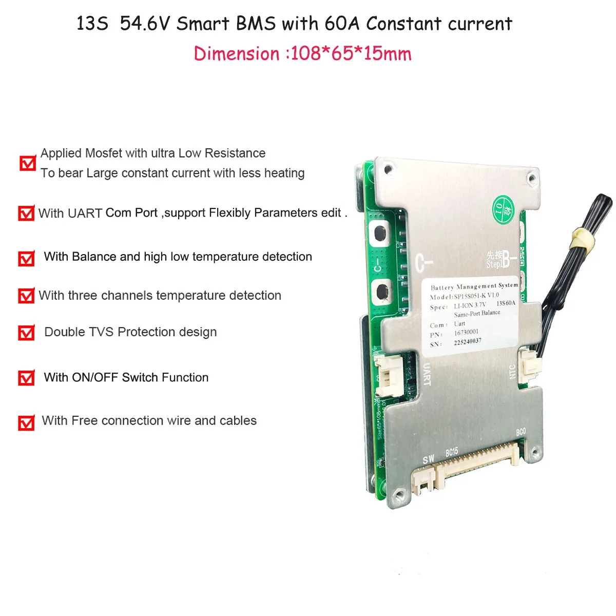 12S 13S 14S 15S Li ion or Lifepo4 smart BMS with 30A 60A constant current for 36V 48V 60V battery  with balance