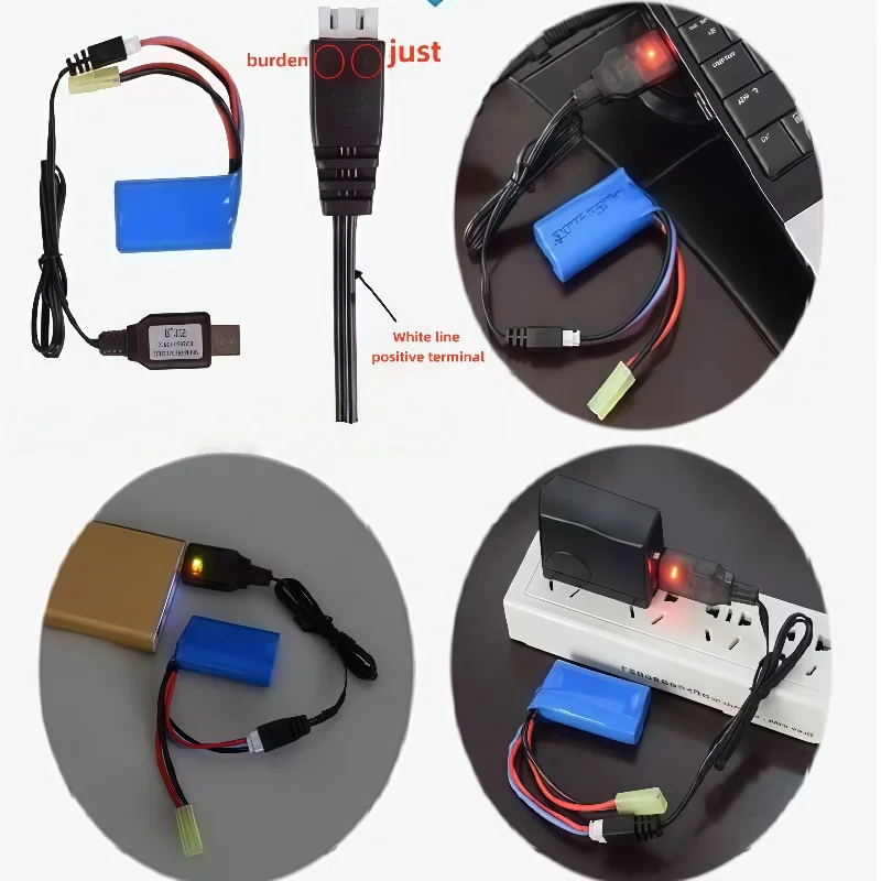 Bateria de lítio 7,4V, cabo de carregamento USB, controle remoto para carros, brinquedos, aviões e outros carregadores, universal