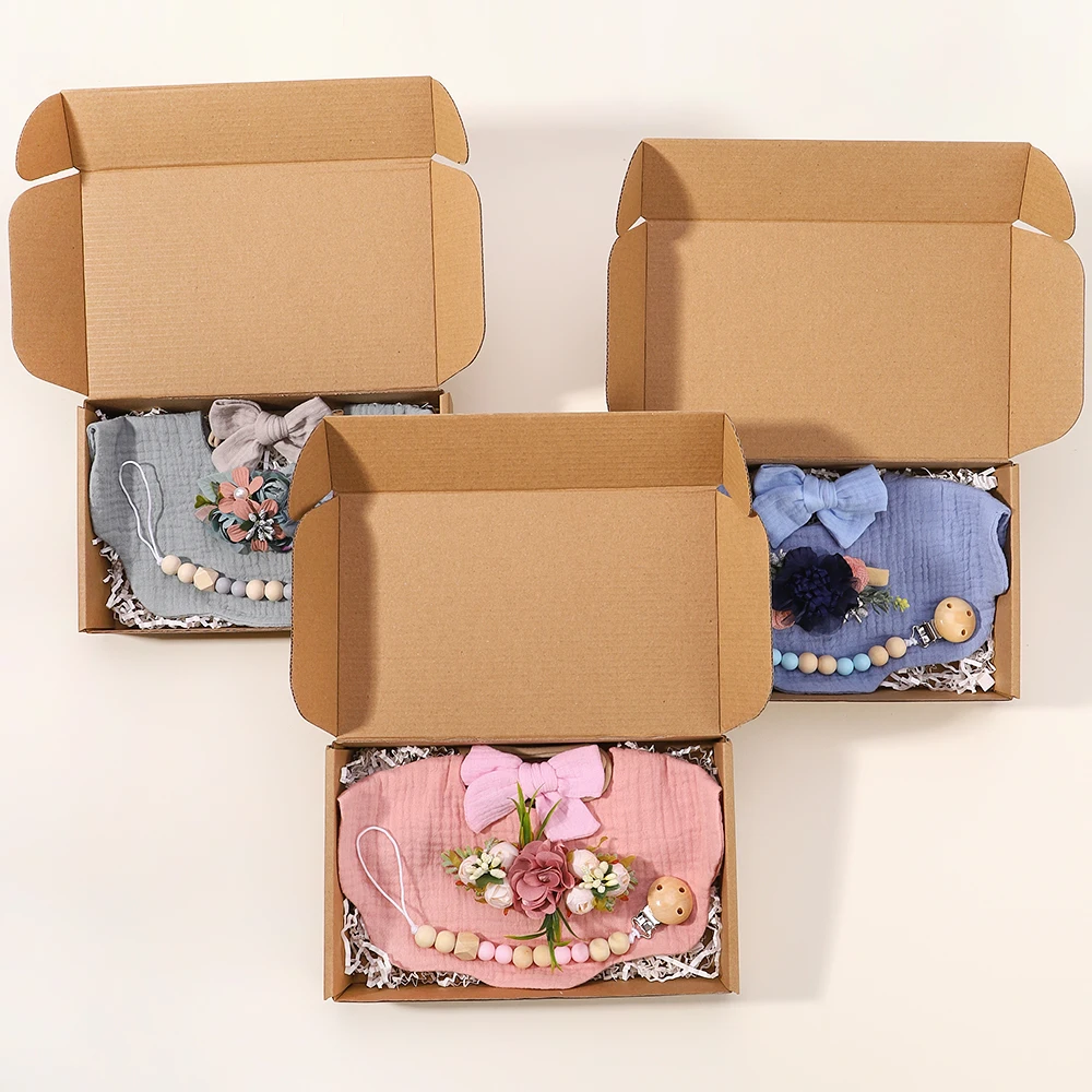 4Pcs/Set Flower Print Baby Bib Headband Elastic Nylon Hair Band Food Grade Silicone Beads Pacifier Clip Chain Christmas Gift Box