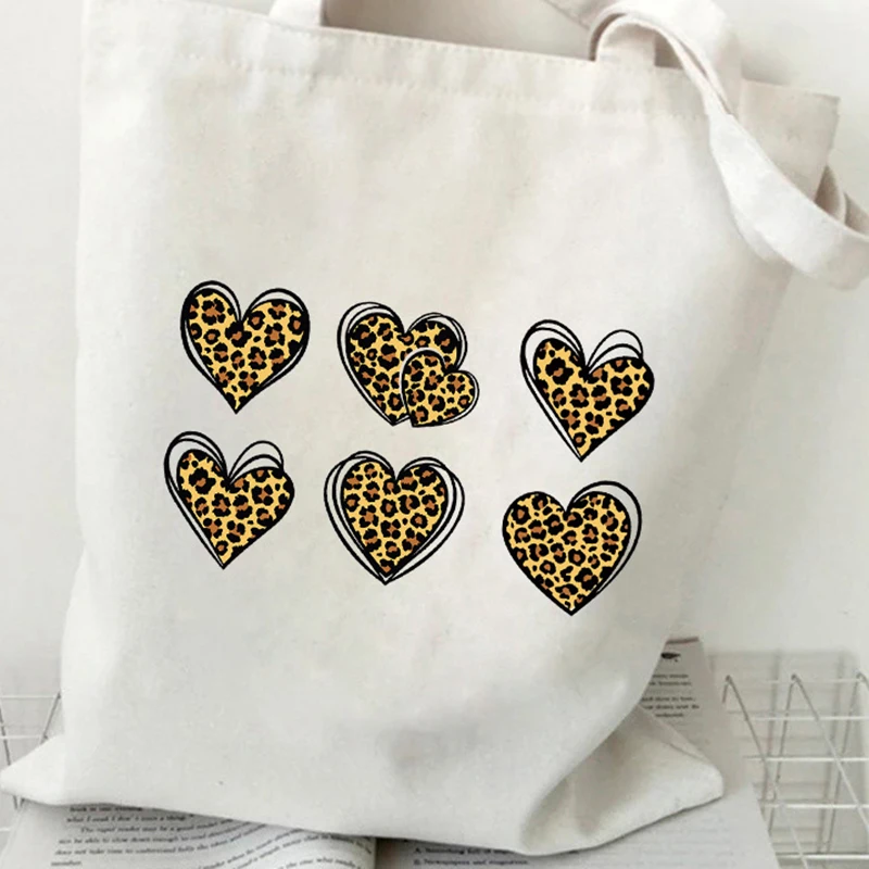 Women's Leopard Print Heart Canvas Shoulder Bag Fashion Casual Tote Handbag with Double-line Heart Pattern Daily Shopping Purse