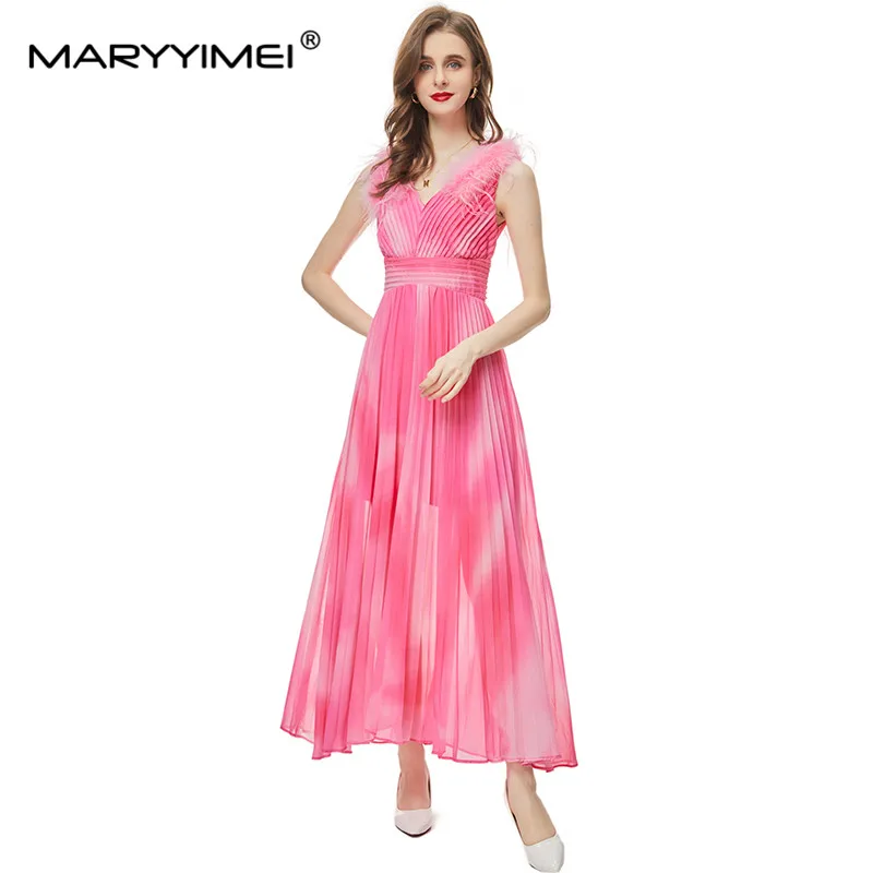 Maryimei Fashion Designer Summer women's Dress con scollo a v Feather senza maniche Beach vacation abiti pieghettati