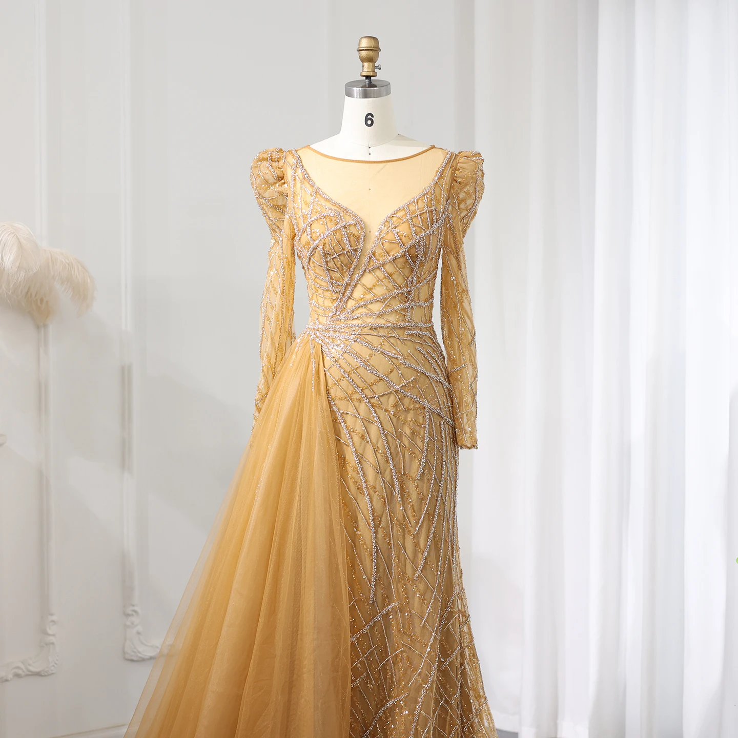 Sharon Said Luxury Muslim Gold Mermaid Beaded Dubai Evening Dresses with Overskirt Plus Size Wedding Party Gown SS048 Customized
