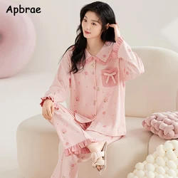 Women Cotton Pajamas Set Autumn Winter Turn-down Collar Cute Sleepwear Princess Style Nightwear Lady Long Sleeve Homewear