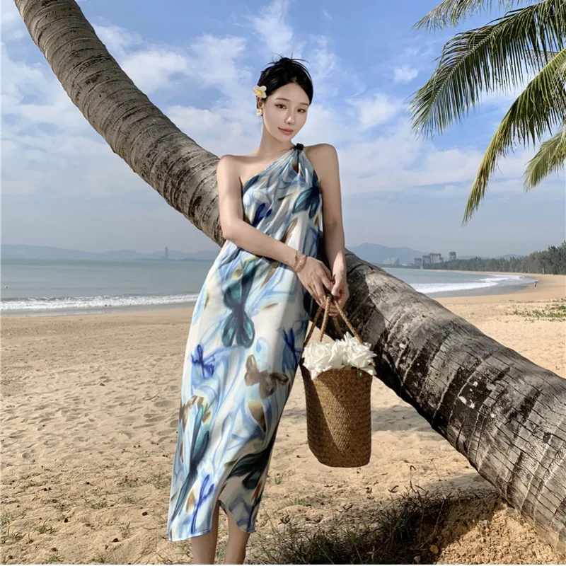 

2023 New In Designer Y2K Clothing Summer Chic Midi Boho Vacation Indian Style One Shoulder Robe Women Elegant Long Dresses