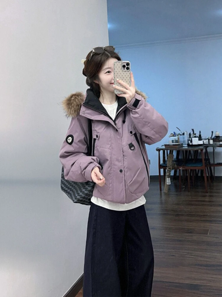 

Фиолетовая женская зимняя куртка-пуховик с капюшоном, утепленная, с воротником из искусственного меха, свободного кроя, в корейском стиле