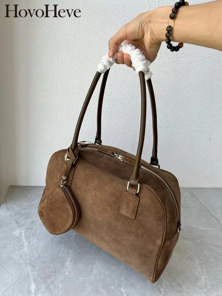 Womens Large Capacity Cow Suede Tote Bags Bowling Handbag Zipper Genuine Leather Underarm Bag Solid Color Leisure Shoulder Bags