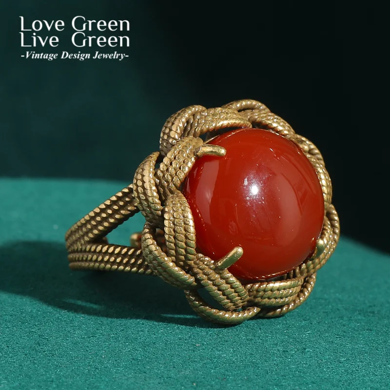 

Round Vintage Natural Stone Red Rings Gold Color Wave Metal Luxury Jewelry Women Brand Designer 2026 New Mother's Birthday Gifts