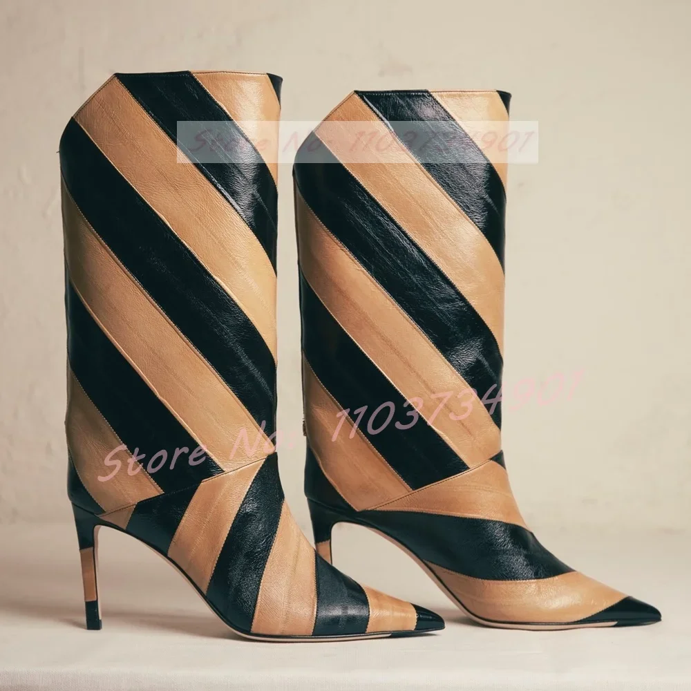 Mixed Colors Stripe Pattern Mid Calf Boots Women Sexy Pointy Toe Pull-On High Heels Shoes Casual Commuter Pu Leather Boots