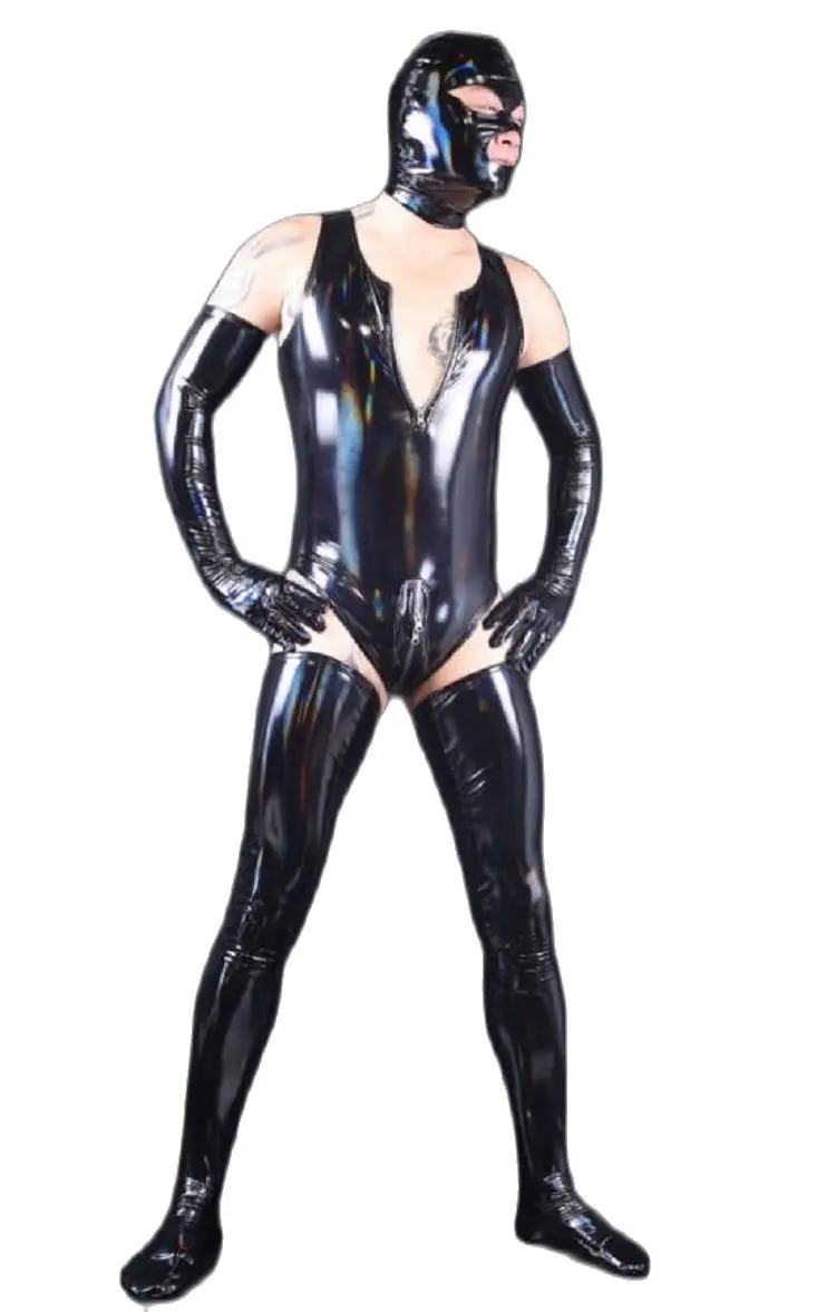 Men Dazzle Colour PVC Mirror Latex Cosplay Suit Convex Crotch Top Stage Leotard Thigh Stocking Long Glove Headgear Sexy ClubWear