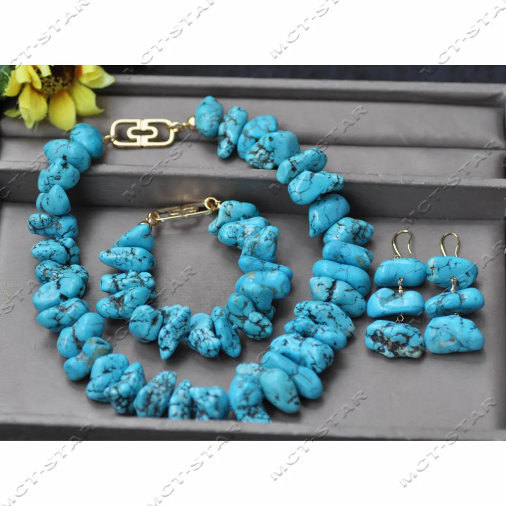MTC·STAR Set Natural 18'' 28mm Blue Baroque Turquoise Irregular Raw Ore Necklace Bracelet Earring (Z14150)