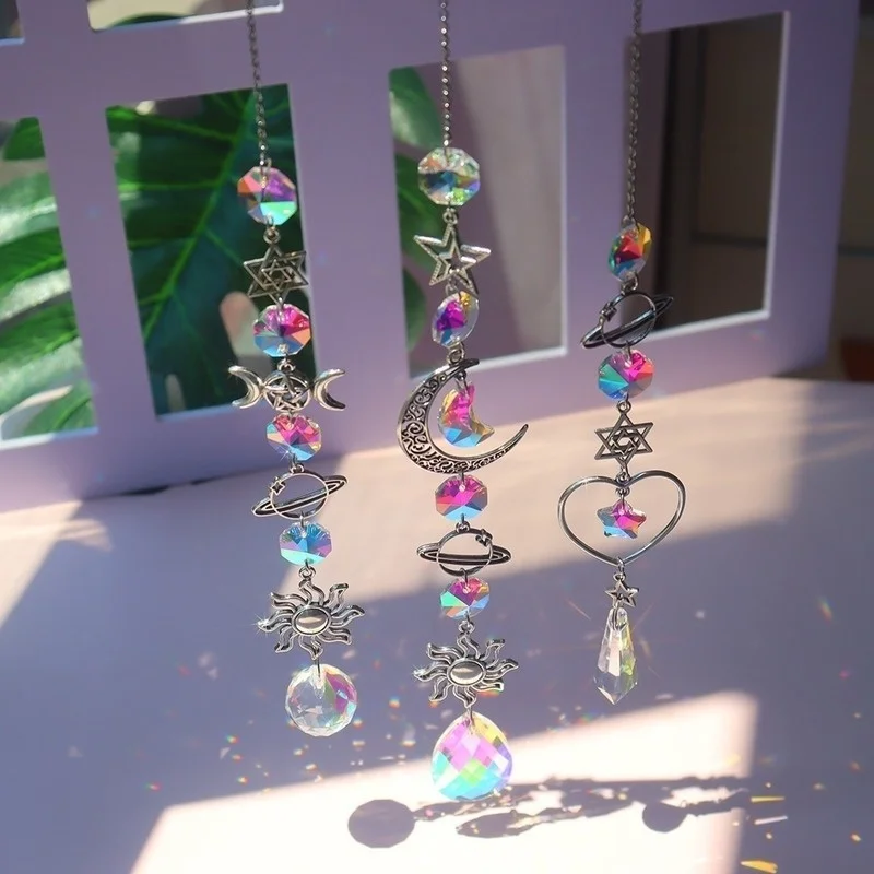 Crystal Wind Chime Moon Sun Catcher Diamond Prisms Pendant Dream Catcher Rainbow Chaser Hanging Drop Home Garden Decor Windchime