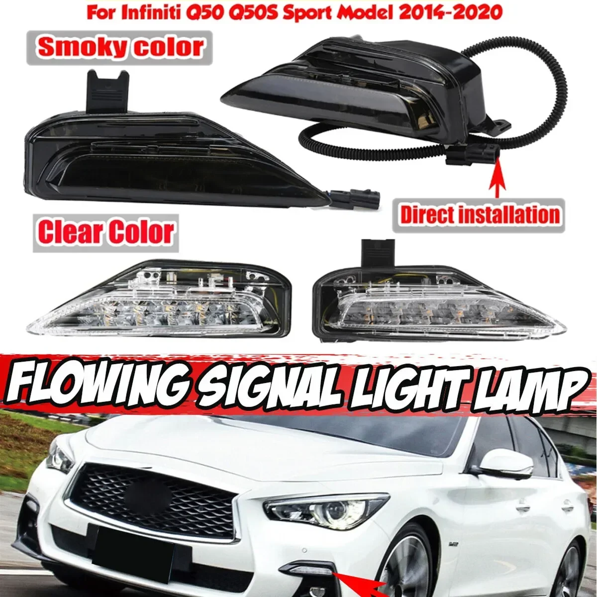 Pair Front Fog Lamp LED Turn Signal Light For Infiniti Q50 Q50S All Model 2014-2024 DRL Signal Light Lamp 261304GA0A 26130-4GA0A