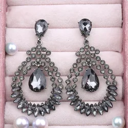 Formal Jewelry Bridesmaid Wholesale Long Hollow Teardrop Champagne Gray Crystal Rhinestone Chandelier Drop Earrings for Women