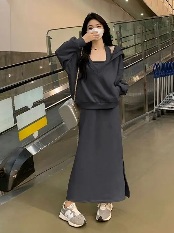 Afashion 2026 New Korean Style High-End Autumn Winter Clothes Set Women's Early Spring Small Size Sweatshirt Dress Long Skirt