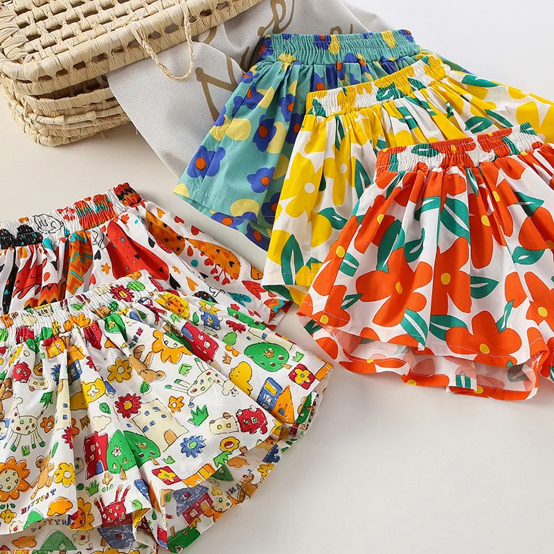 Summer Floral Print Girls Skirt Shorts for Children Clothing Skirt-Pants Kids Tutu Shorts Loose Leg Pants Baby Clothes Size 2-6