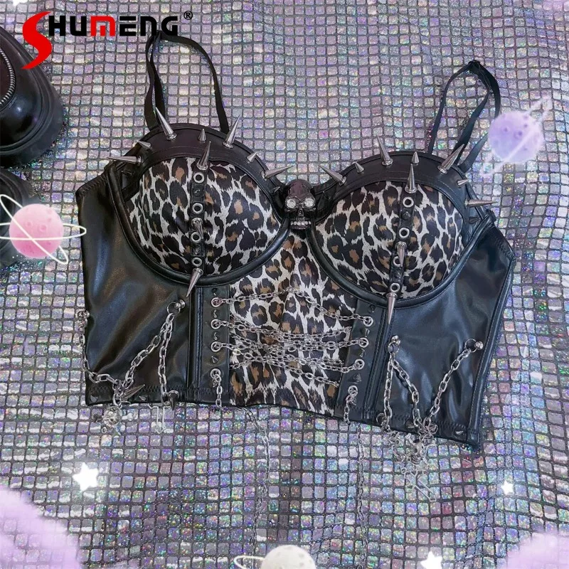 

Women Leopard Cross Metal Chain Camisole European and American Y2K Hot Girl Tank Top Female Punk Style Sexy Cross Vest Top