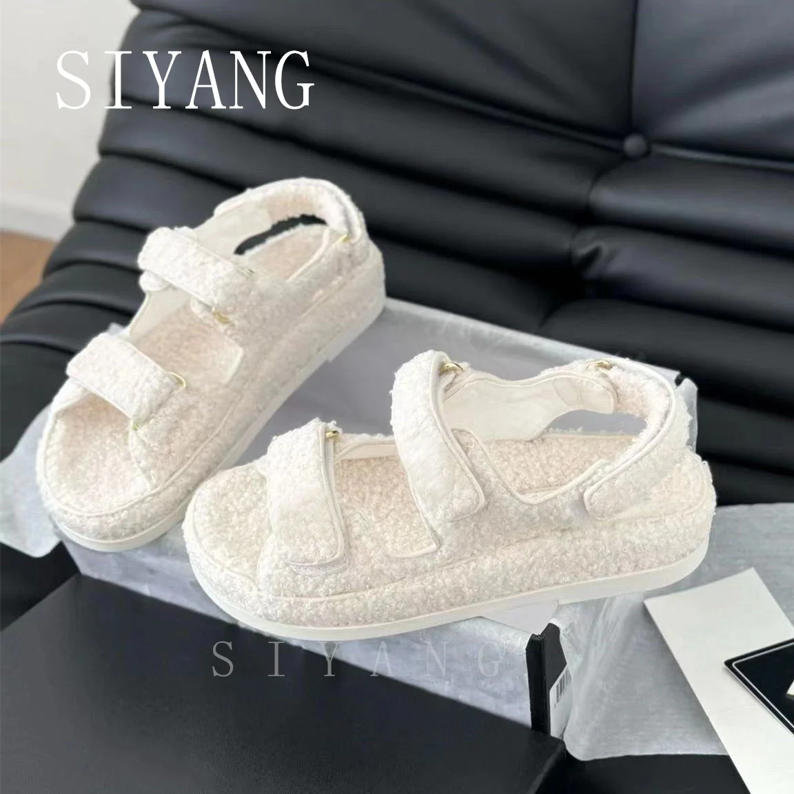 Fashion Women's Casual Shoes, Pure Colour Side Hollow Plush Buckle Flat Sandals, Home Daily Flat Shoes