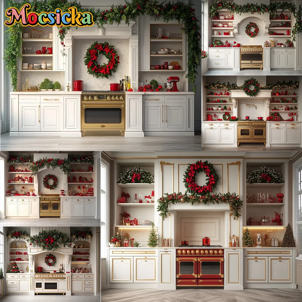 Mocsickaการถ่ายภาพพื้นหลังคริสต์มาสตู้ครัวAppleตกแต่งฉากหลังครอบครัวเด็กXMAS Holiday Party Prom Studio