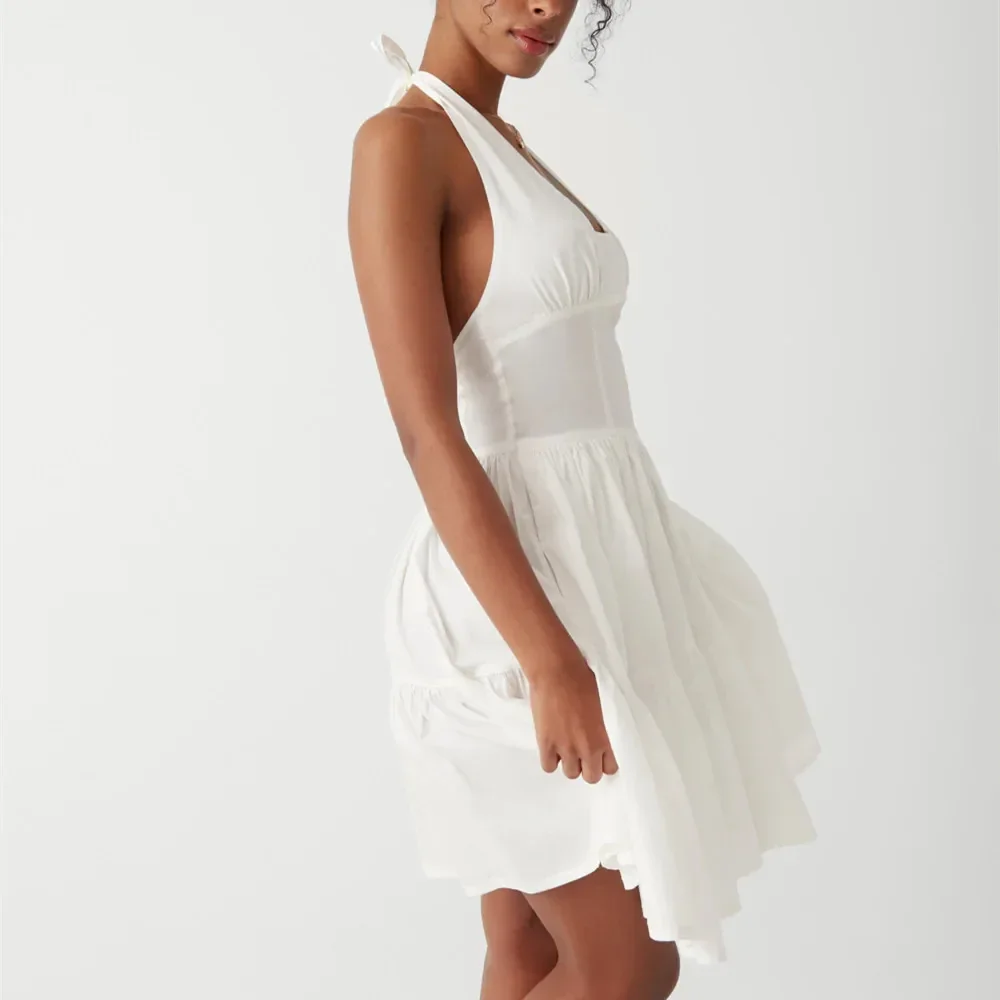 Moda feminina vestido curto halter y2k vintage listrado sem mangas sem costas a linha em camadas vestido plissado para festa clube