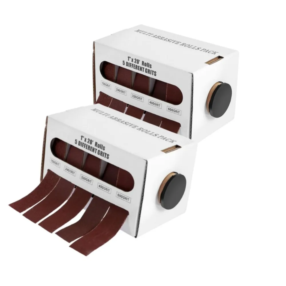 

Набор из пяти рулонов абразивной ленты для влажной и сухой полировки дерева и металла, 1 дюйм на 20 ярдов, с дозатором.