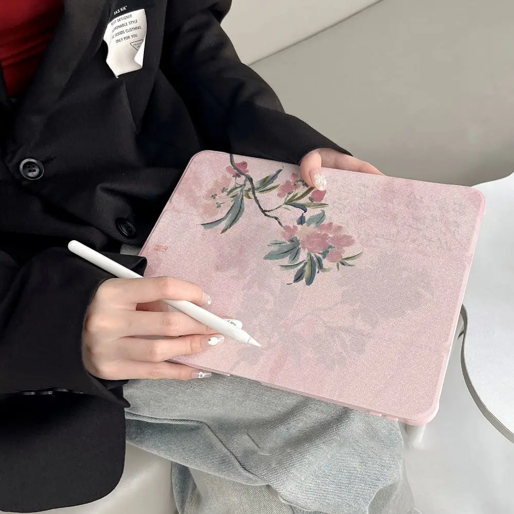 Ink Wash Flowers Case For iPad Pro 11 13in 2025 iPad Pro 12.9in Air7 10th 11th M4 M5 Three-Fold Edge Mirror Protective Cover