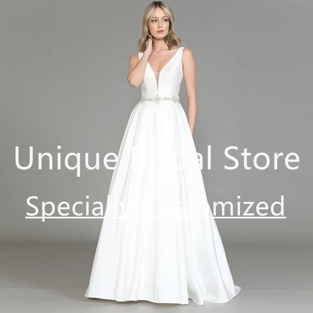 Customized Wedding Dress For Women Bride Satin A-Line V-Neck Draped Lace-up Sleeveless Applique Sashes Brush Train Vestido De No