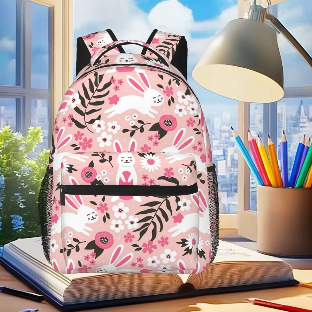 

Pink Cute Bunny Rabbit With Floral Backpack Student Boys Girls BookBag Kids School Bag Laptop Shoulder Bags for Men Women