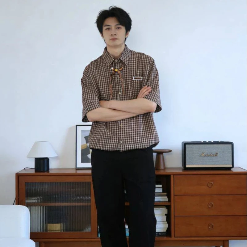 Vintage Plaid Short Sleeve Shirt Couple Loose College Style Daily Casual Men Blouse Multi Sizes
