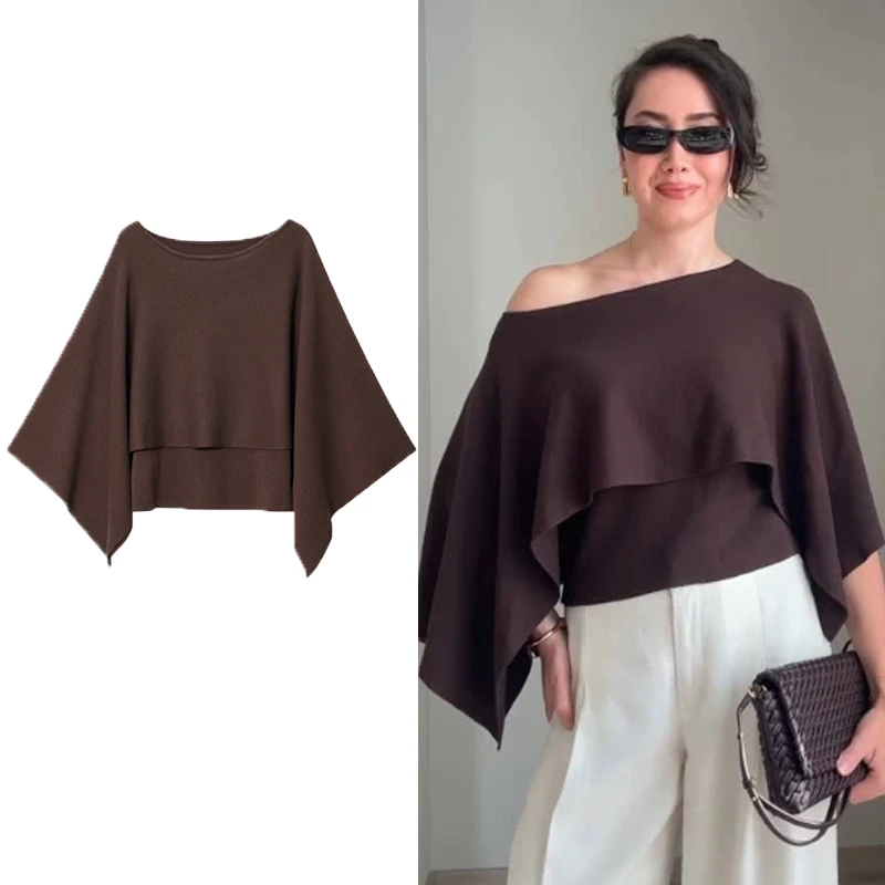 

Brown Knitwear Sweater Tops Off Shoulder Pullover Crop Knit Cape Top Woman Autumn Loose Fit Knitted Jumper Cape Sleeve Knitting