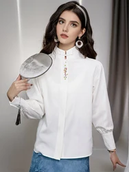 New 2024 Spring Women White Shirts & Blouses Stand Collar Long Sleeve Tops Embroidery Chinese Style Elegant Shirt Tops Blusa