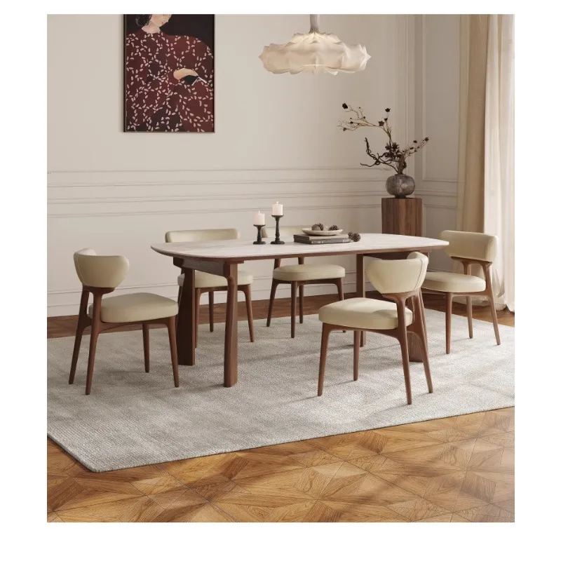 

French retro Danfeng garden travertine rock slab dining table and chairs, high-end mid-ancient style solid wood designer origina