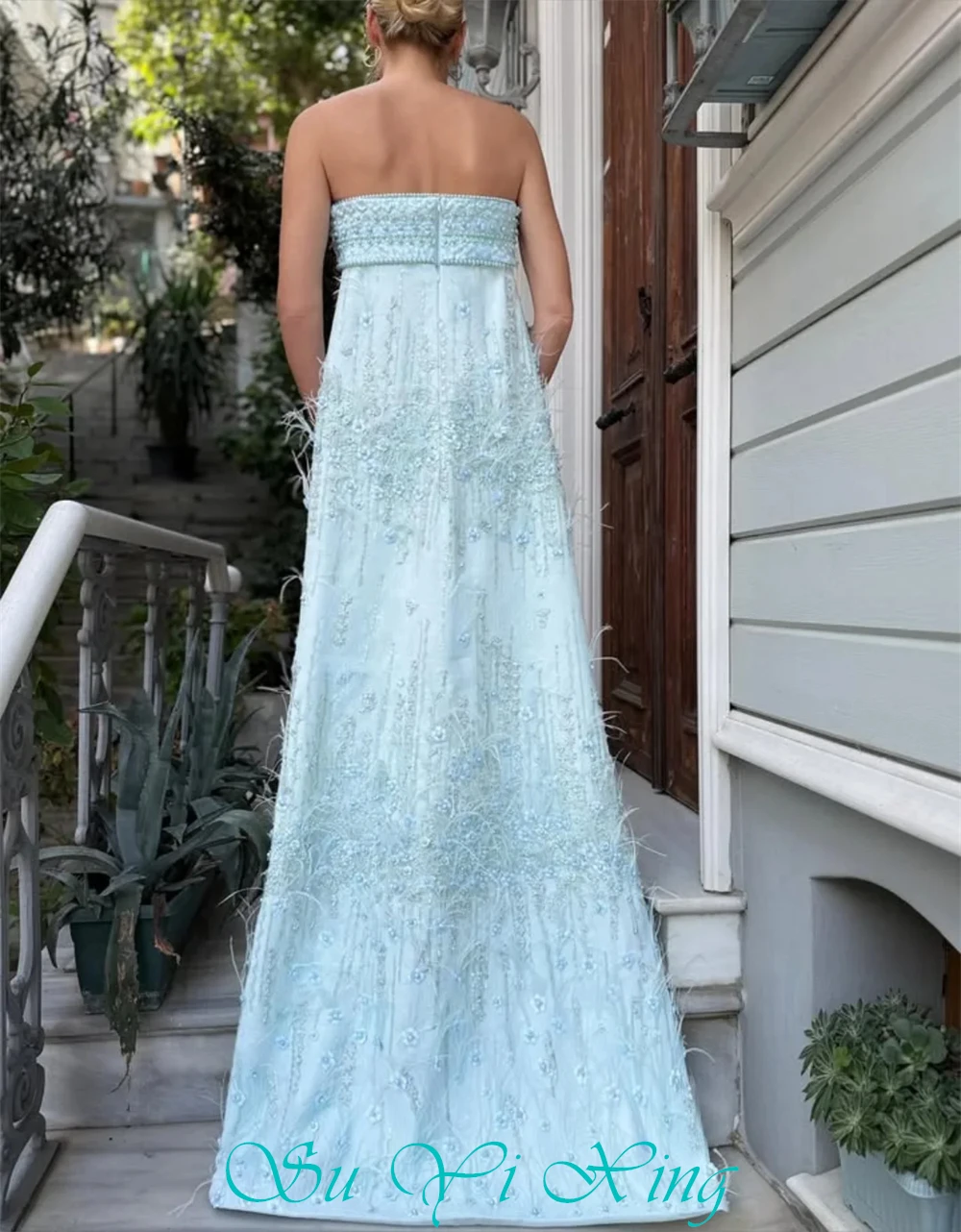 Customized Boho Blue Jersey Evening Dress Formal Strapless Sleeveless Cocktail Dress Classic Straight Court Train Party Dresses