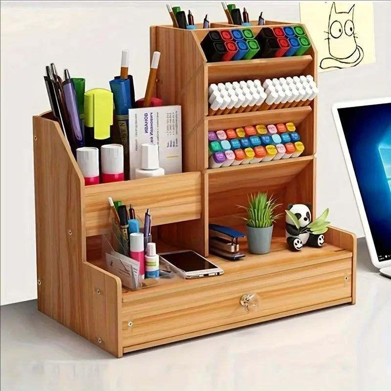 

Wooden Desk Organizer With Drawers Pen Holder Multi-Functional Organizers Stationery Office Storage Accessories School Supplies