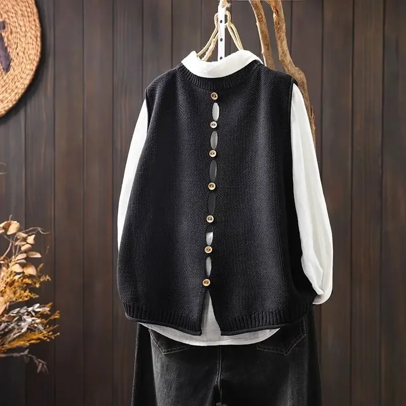 

Осенне-зимний женский короткий вязаный жилет без рукавов с круглым вырезом, однотонный свитер, свободный многослойный топ XQ187