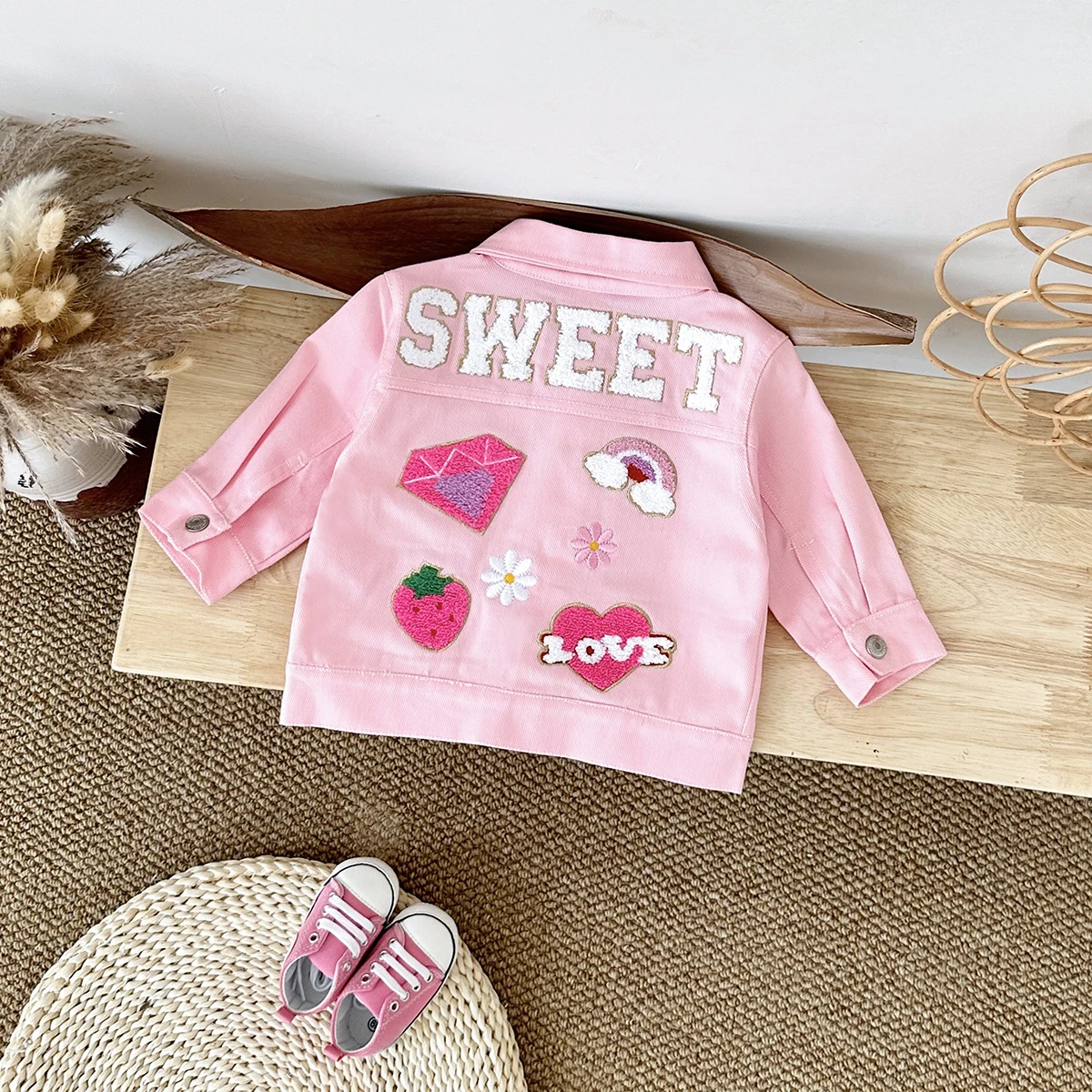 Fall Baby Girls Clothes Embroidered Cute Strawberry Jacket Winter Denim Coat Stylish Top Infant Girls Coat Lapel Workwear