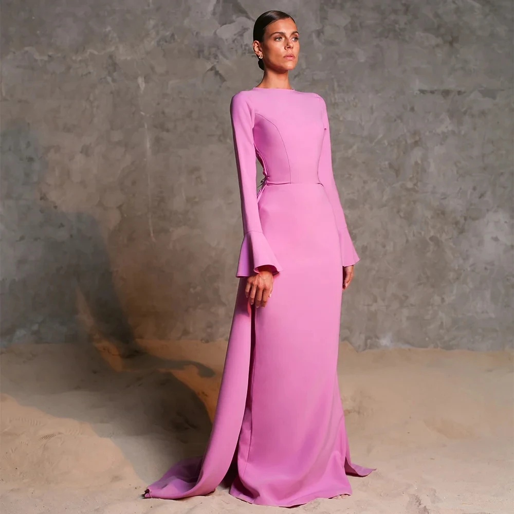 

Flora Dress Pink Mermaid O-Neck Long Sleeves Evening Gowns for Women Open Back Crystal Wedding Guest Dresses For Women 2023