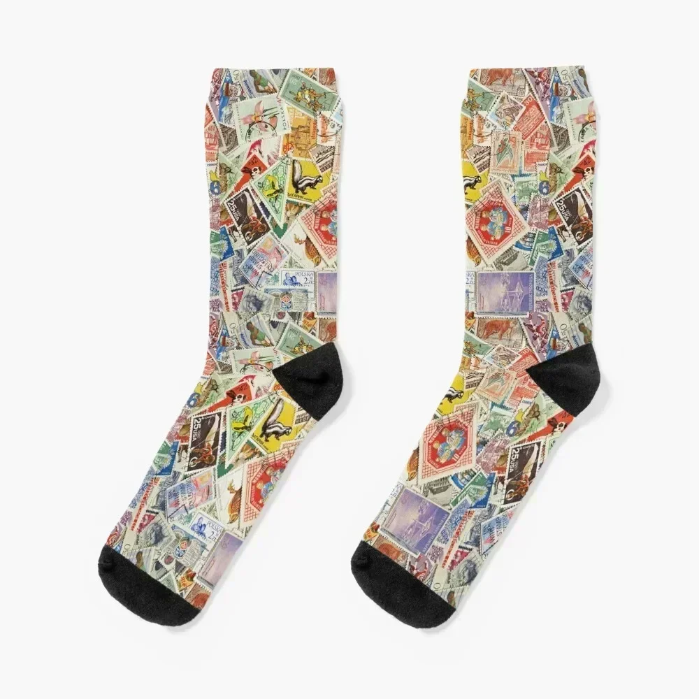 

Postage stamps of different countries as background. Socks luxe kids with print anime Luxury Woman Socks Men's