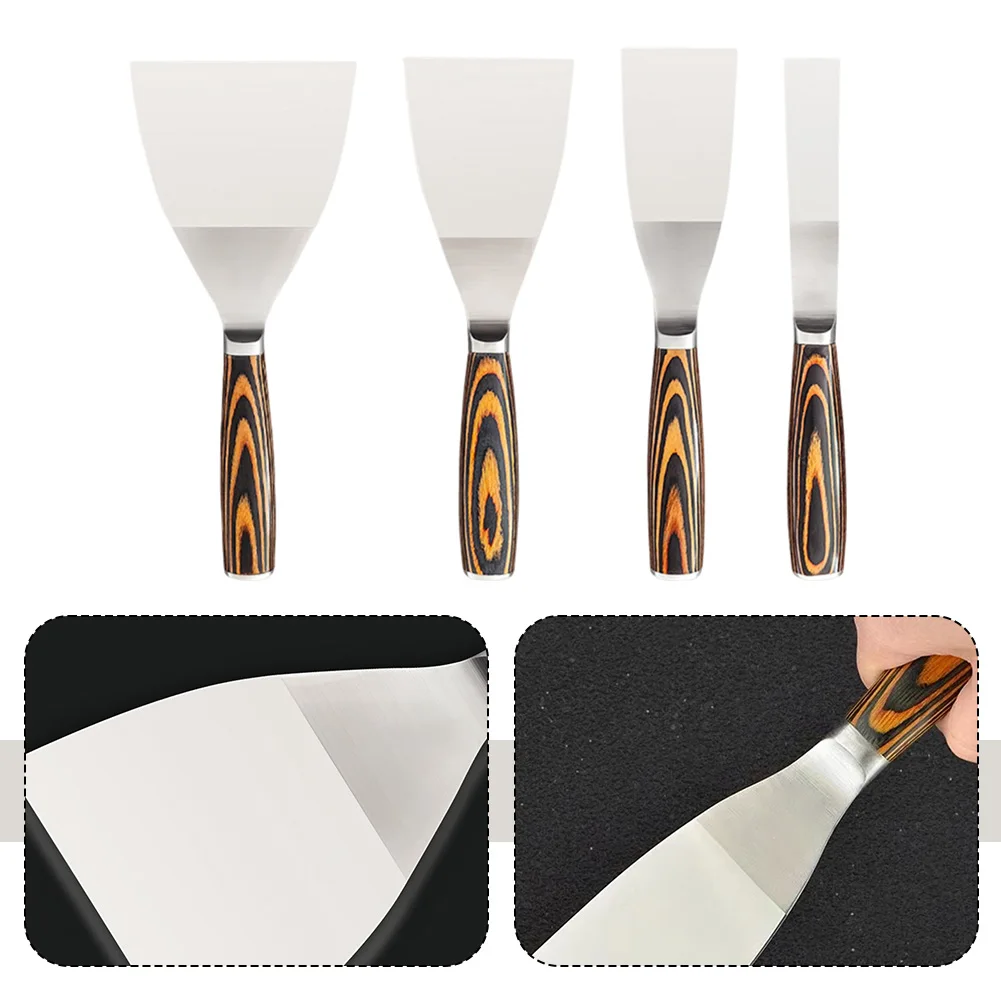 Jeu de pelles à mastic en acier inoxydable, 4 pièces, avec poignées de couleur bois, pour la réparation des cloisons sèches, marque de vente chaude 255. Nouveau et de haute qualité