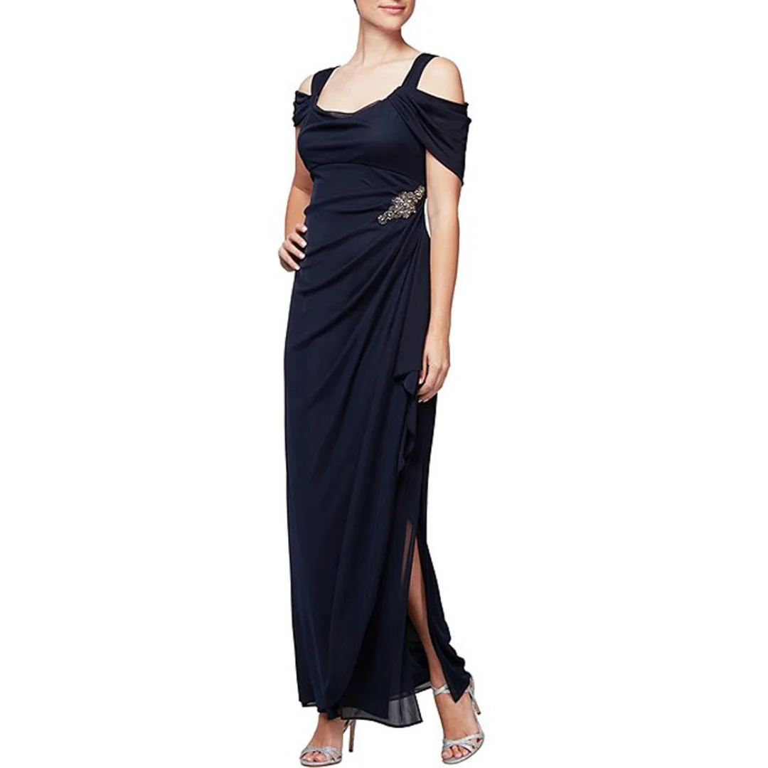 Customized Mother of the Bride Dresses for Weddings Navy Blue Burgundy Sheath Side Split Draped Off Shoulder Formal Party Gowns